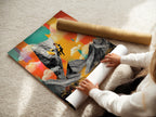 A woman is carefully rolling a fine art poster paper. The paper features a mountain climbing artwork. High-quality printing ensures vibrant colors. Perfect for creating stunning wall art prints.