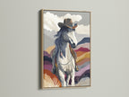 Cowboy horse art in an oak frame creates a warm western atmosphere. The southwestern print enhances your home decor with equestrian art. This horse canvas art brings a touch of country wall art to your living room. 