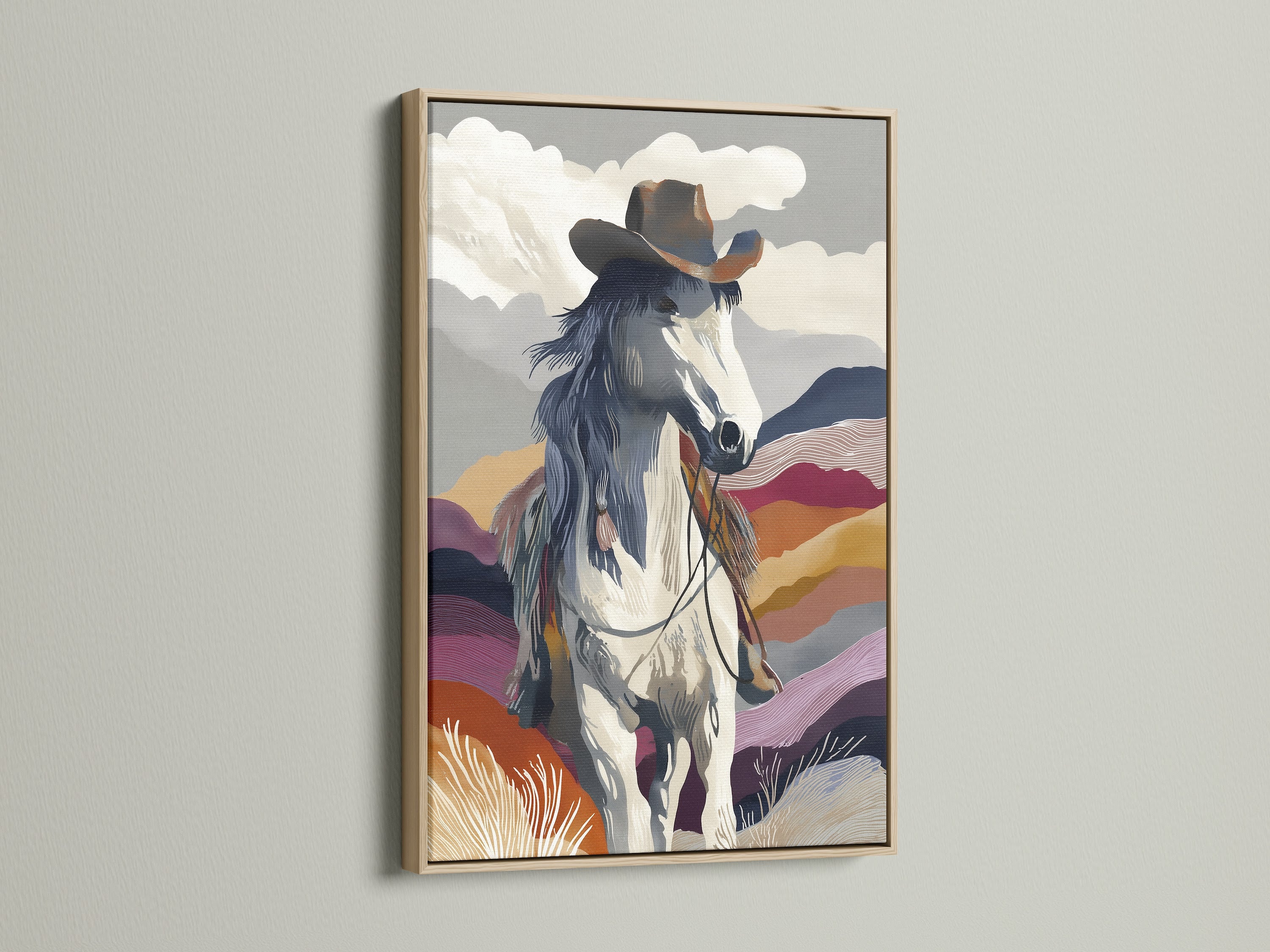 Cowboy horse art in an oak frame creates a warm western atmosphere. The southwestern print enhances your home decor with equestrian art. This horse canvas art brings a touch of country wall art to your living room. 