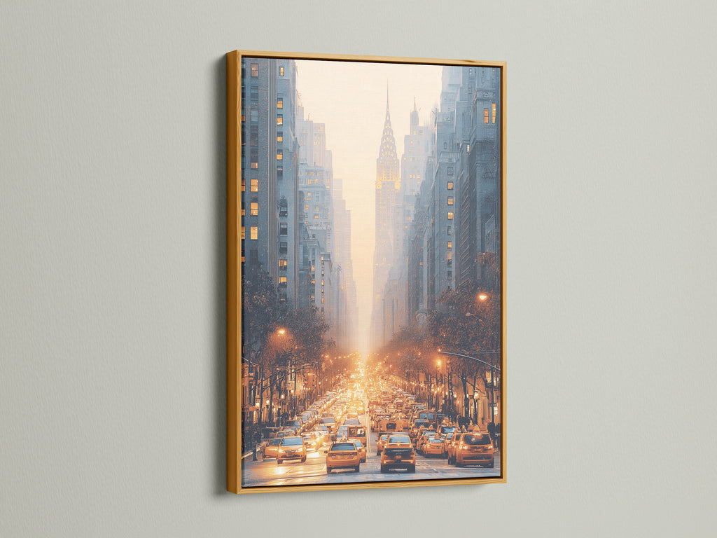 Golden frame showcases urban wall art of a city street. The golden hour photograph brings warmth to any room. This skyline print suits minimalist contemporary or industrial styles perfectly.
