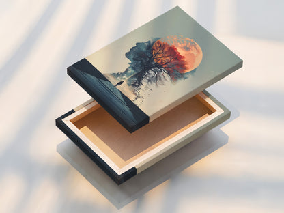 This stretched canvas print showcases a surreal double exposure artwork. The artwork blends a woman silhouette with a moon and a tree. Ready to hang this piece transforms any space. Ideal for modern minimalist and Scandinavian interiors.