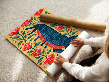 A woman carefully rolling a fine art poster paper. The paper features a colorful alligator artwork. This high-quality paper ensures vibrant colors and sharp details. Perfect for art collectors and enthusiasts.