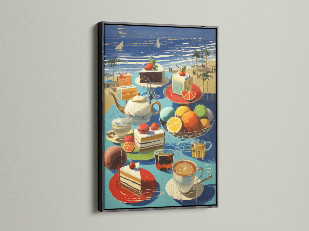This coastal still life artwork is framed in black. The contrast enhances the beach cafe scene. The summer fruit and cake poster adds elegance to your kitchen decor. This seaside artwork provides a sophisticated touch to any room.
