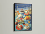 This coastal still life artwork is framed in black. The contrast enhances the beach cafe scene. The summer fruit and cake poster adds elegance to your kitchen decor. This seaside artwork provides a sophisticated touch to any room.