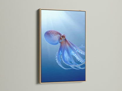 An oak frame enhances this stunning octopus art print. The teal blue sea wall art brings a coastal vibe to any room. It's perfect marine animal artwork for ocean lovers. The print adds elegance to beach-themed decor. Explore sea life art for your walls.