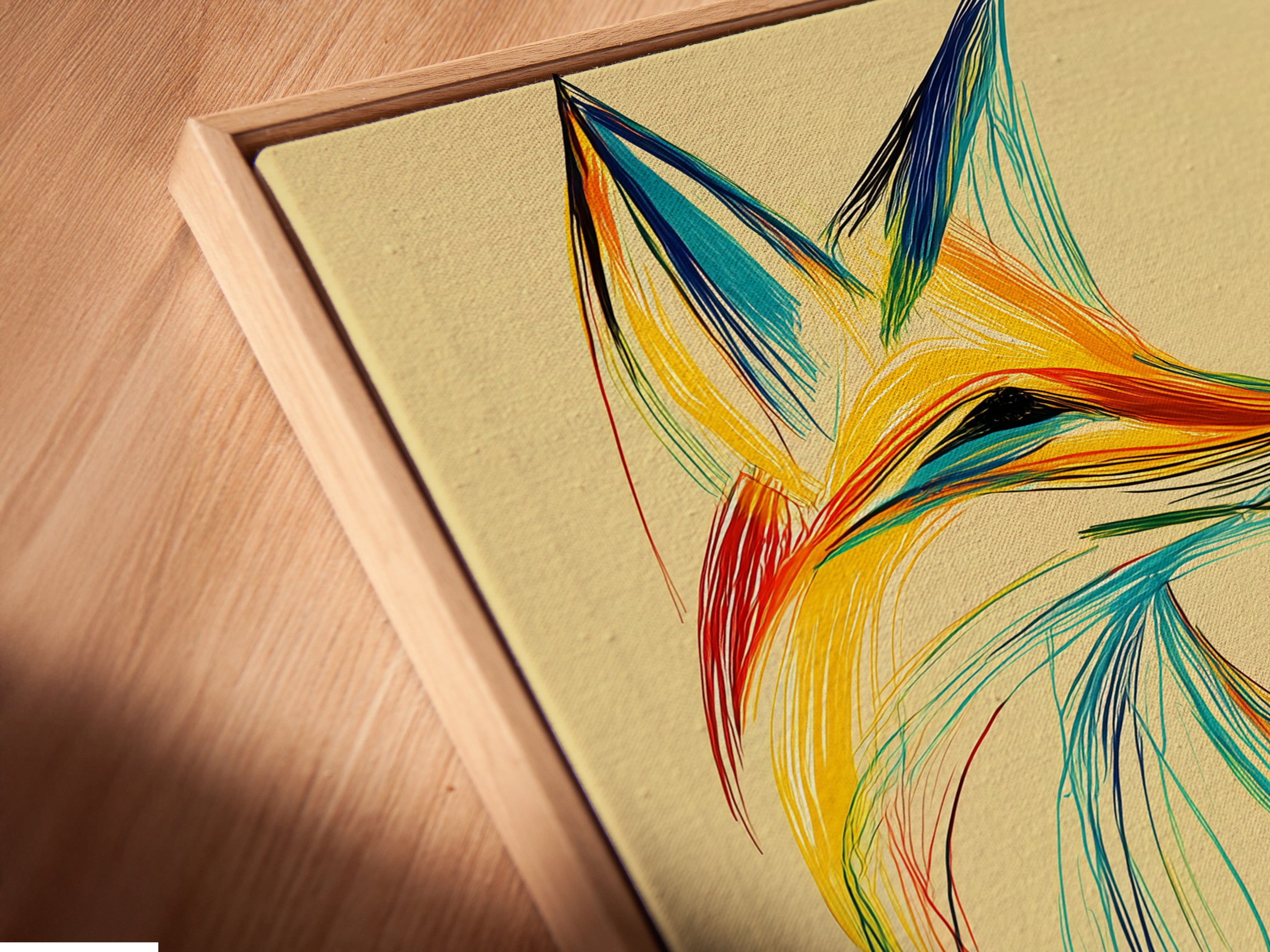 Close-up of a canvas print in a floating frame. The artwork appears to hover creating a modern gallery look. Its depth and dimension enhance any art piece. Transform your art with floating frames.