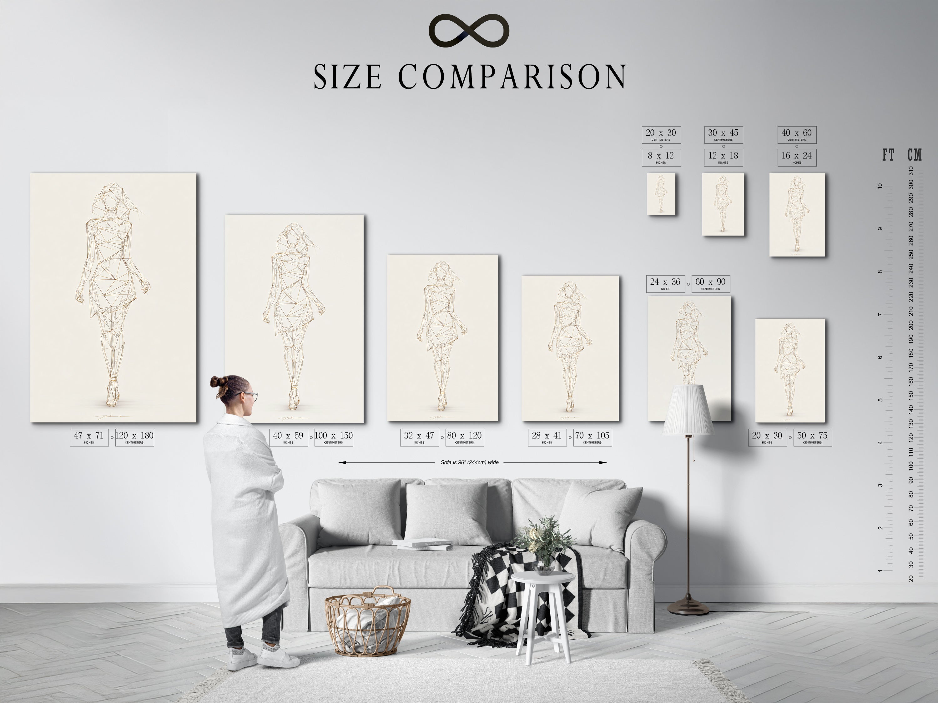 A size comparison chart is shown in a styled interior setting. It helps visualize the artwork's dimensions. Geometric Woman art is available in multiple sizes. This minimalist line drawing is modern fashion sketch artwork. Enhance your space with refined contemporary wall decor