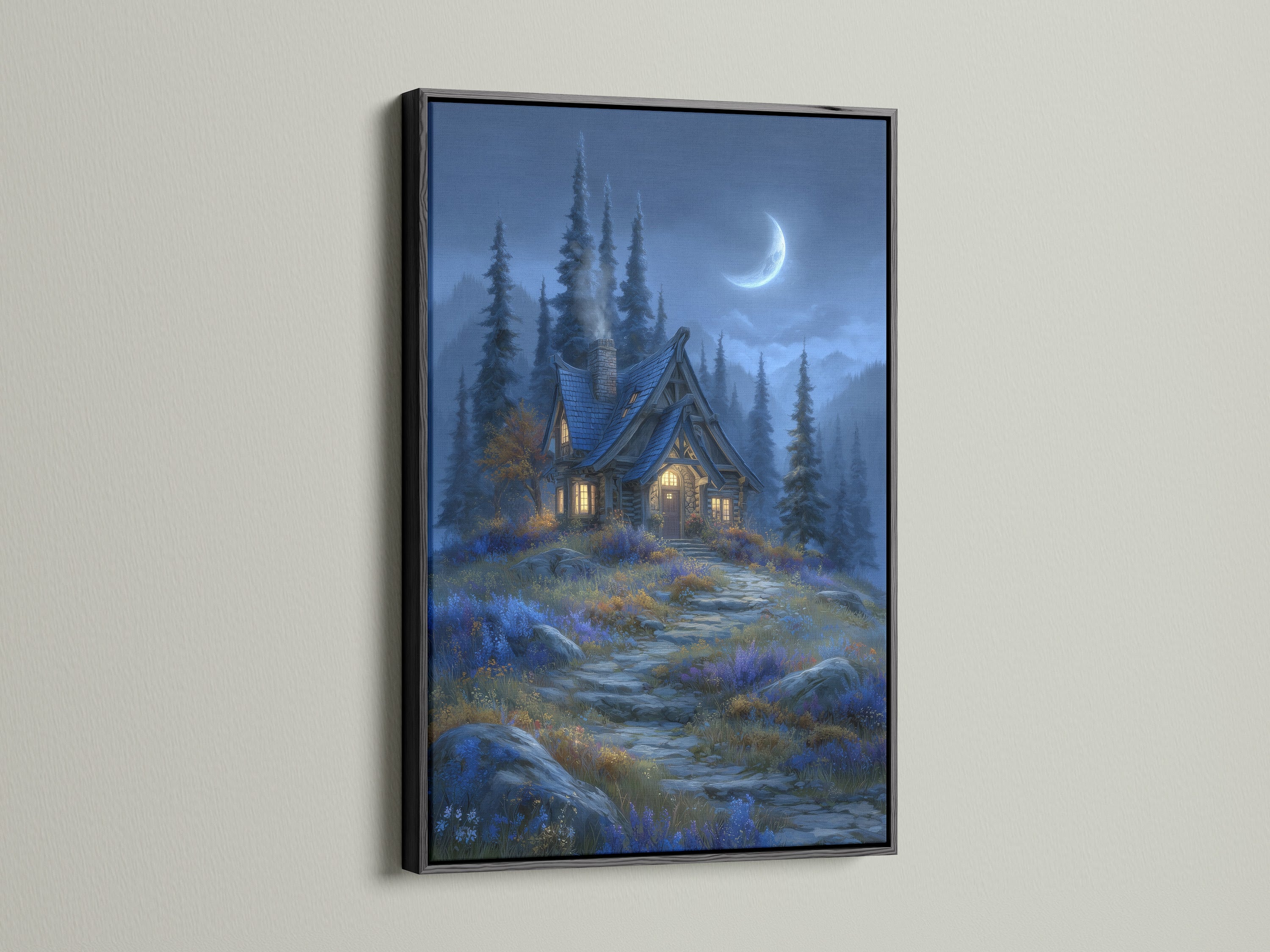 Check out the Moonlit Cottage artwork with a black frame. Experience the magic of fantasy forest wall art. This enchanted cabin artwork is ideal for cozy nooks. It enhances storybook-inspired styles.