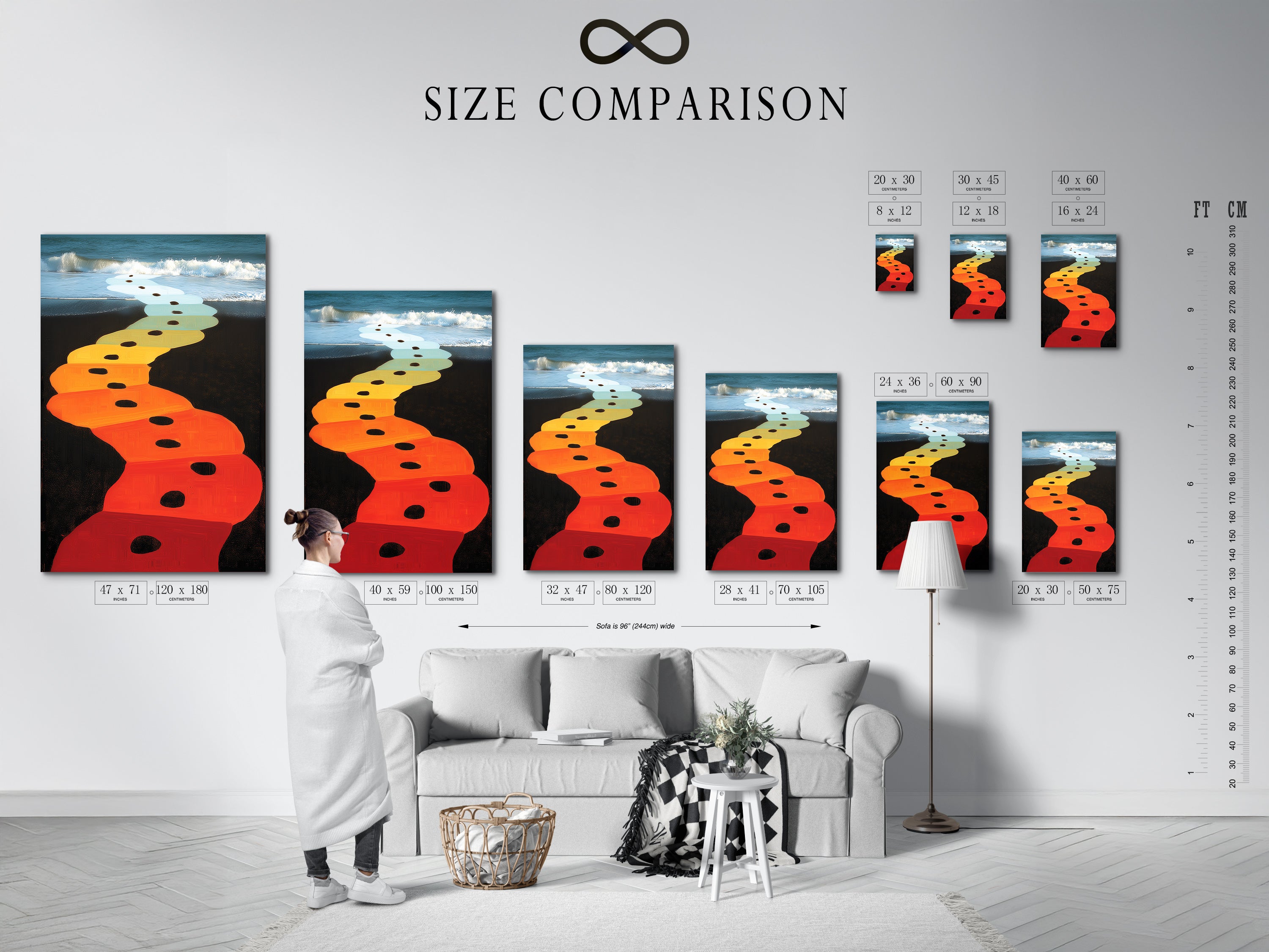 This size comparison chart shows the artwork in an interior setting. Visualize the artwork in different sizes to find the perfect fit. It is ideal for living rooms bedrooms and offices. This chart helps you choose the right size. The artwork enhances any room.