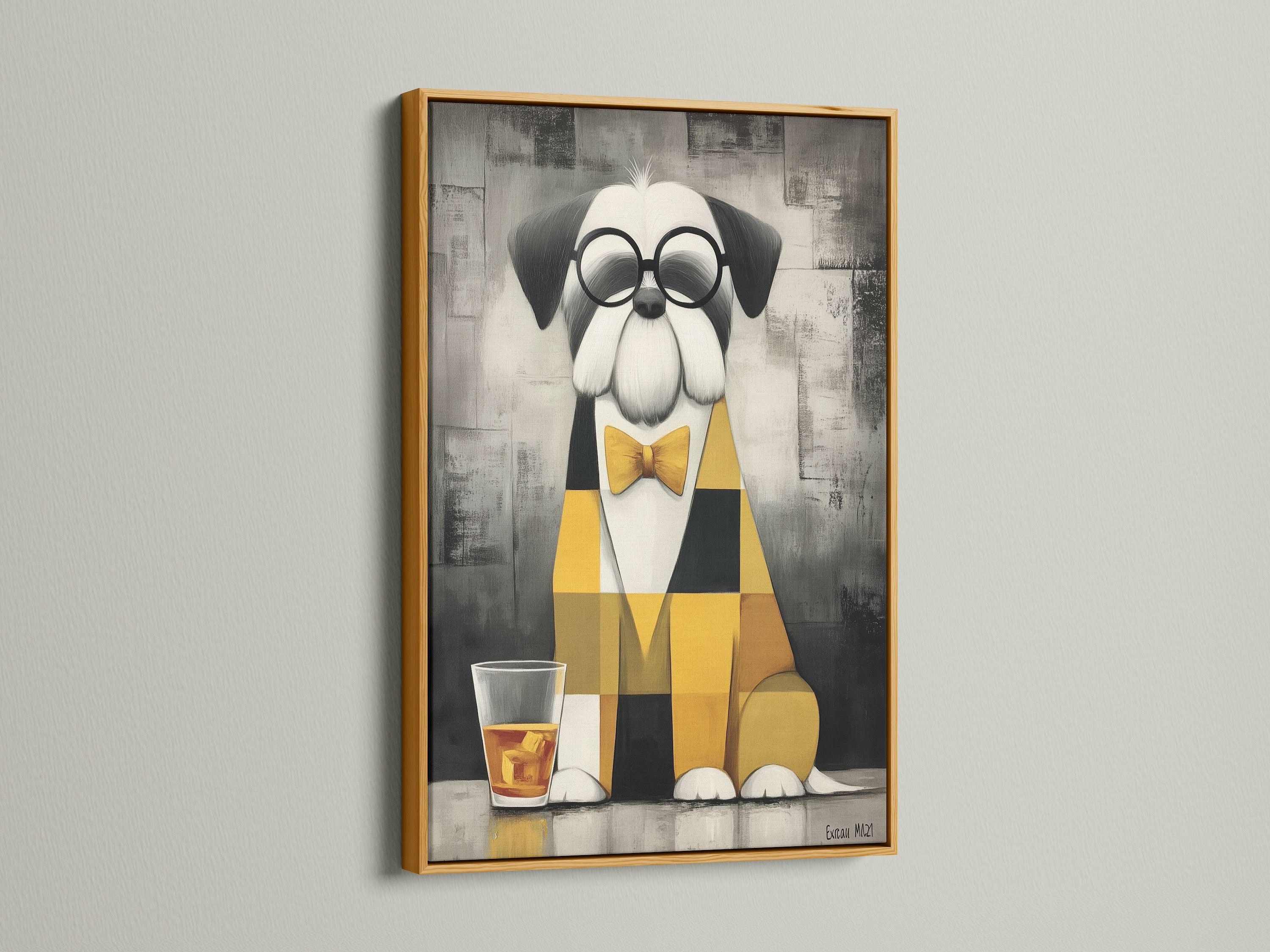 Dog with Bowtie canvas art print in a gold frame. This whimsical pet wall art features a stylish dog with glasses and a bowtie. Add a touch of sophistication to your living room or office with this modern artwork.