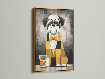 Dog with Bowtie canvas art print in a gold frame. This whimsical pet wall art features a stylish dog with glasses and a bowtie. Add a touch of sophistication to your living room or office with this modern artwork.