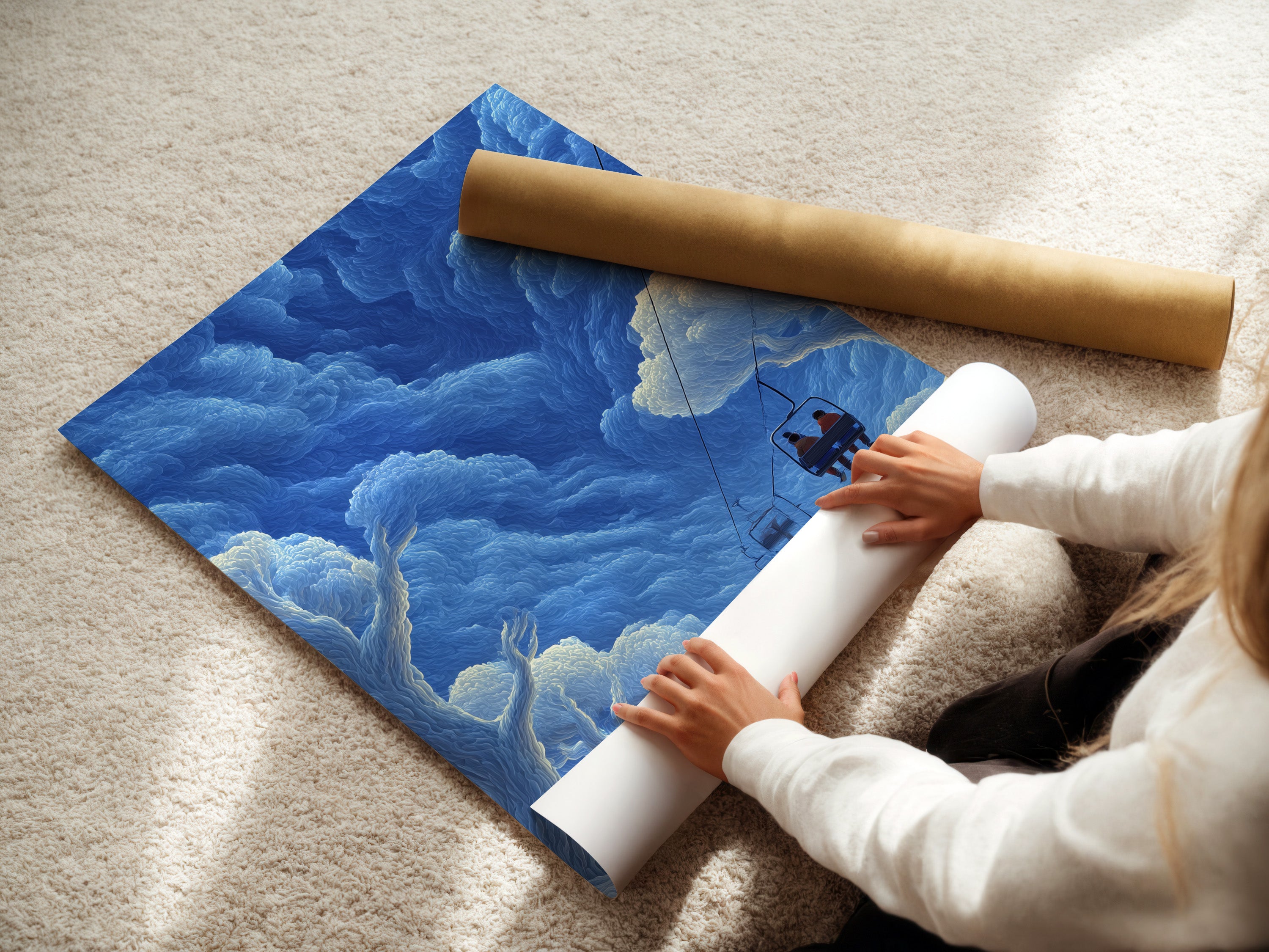 A woman carefully rolls a fine art poster paper. Preparing a blue winter mountain artwork print. This poster paper ensures high-quality vintage ski lift art. Ideal for preserving the details of your cabin wall decor. Get ready to display stunning alpine wall art.