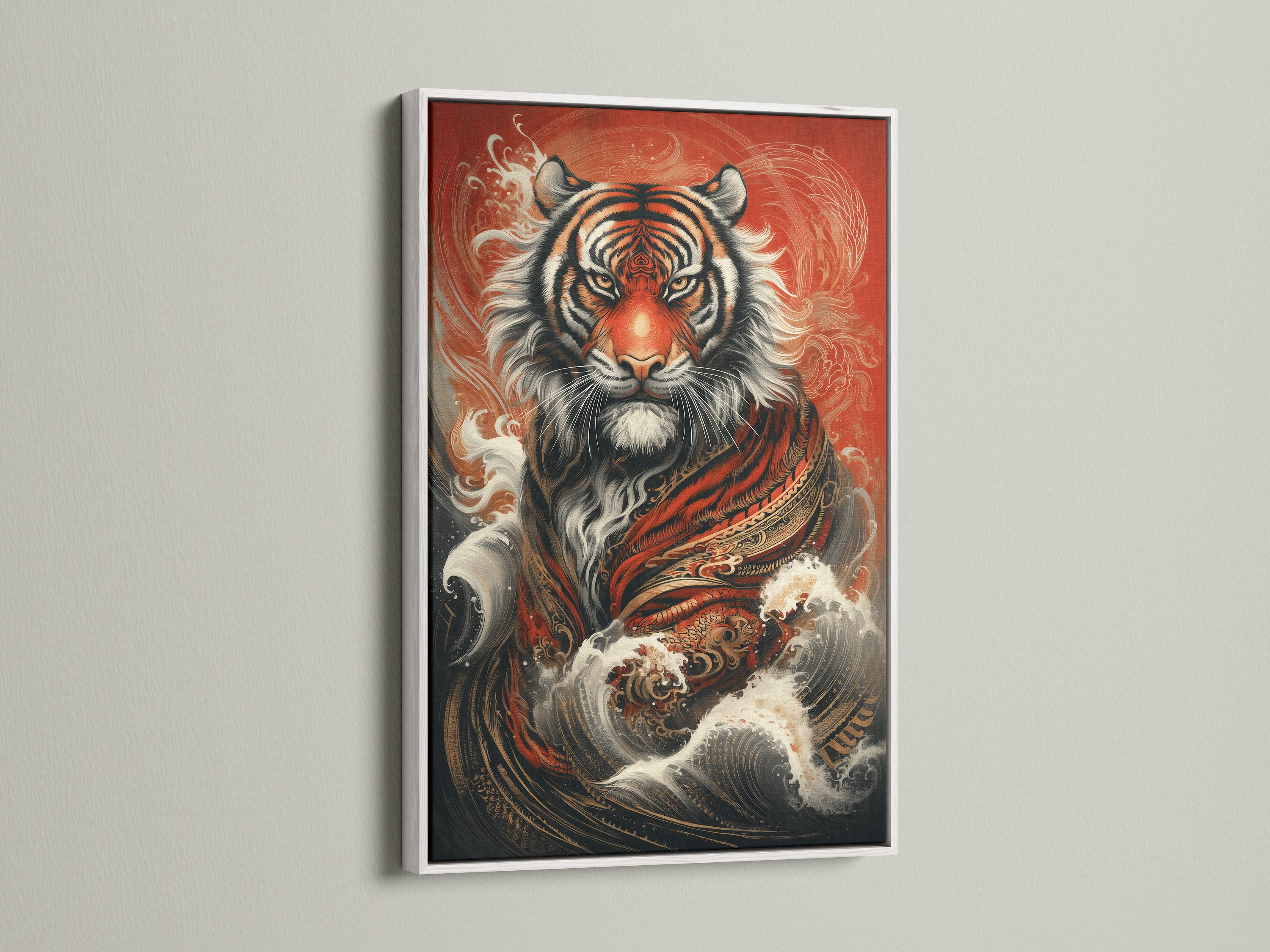 This Japanese style tiger art print is framed in white. The fine art poster brings a spiritual touch to any room. The animal artwork makes a statement in your home or office. Discover how this tiger poster complements Asian-inspired or art deco decor.