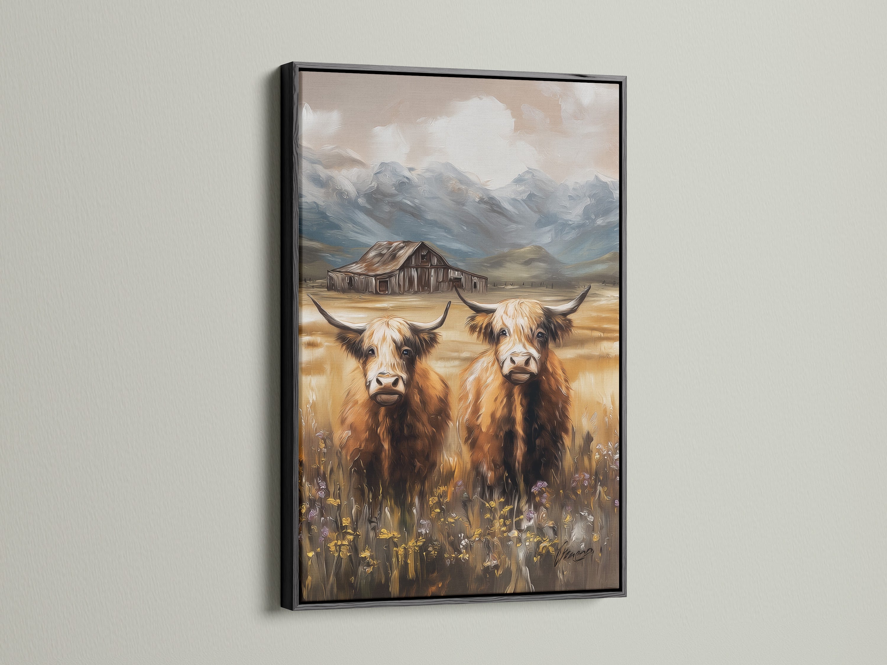 Scottish highland cow canvas in a sleek black frame. This rustic wall art adds a touch of countryside to modern farmhouse interiors. A striking piece for animal and nature art lovers.