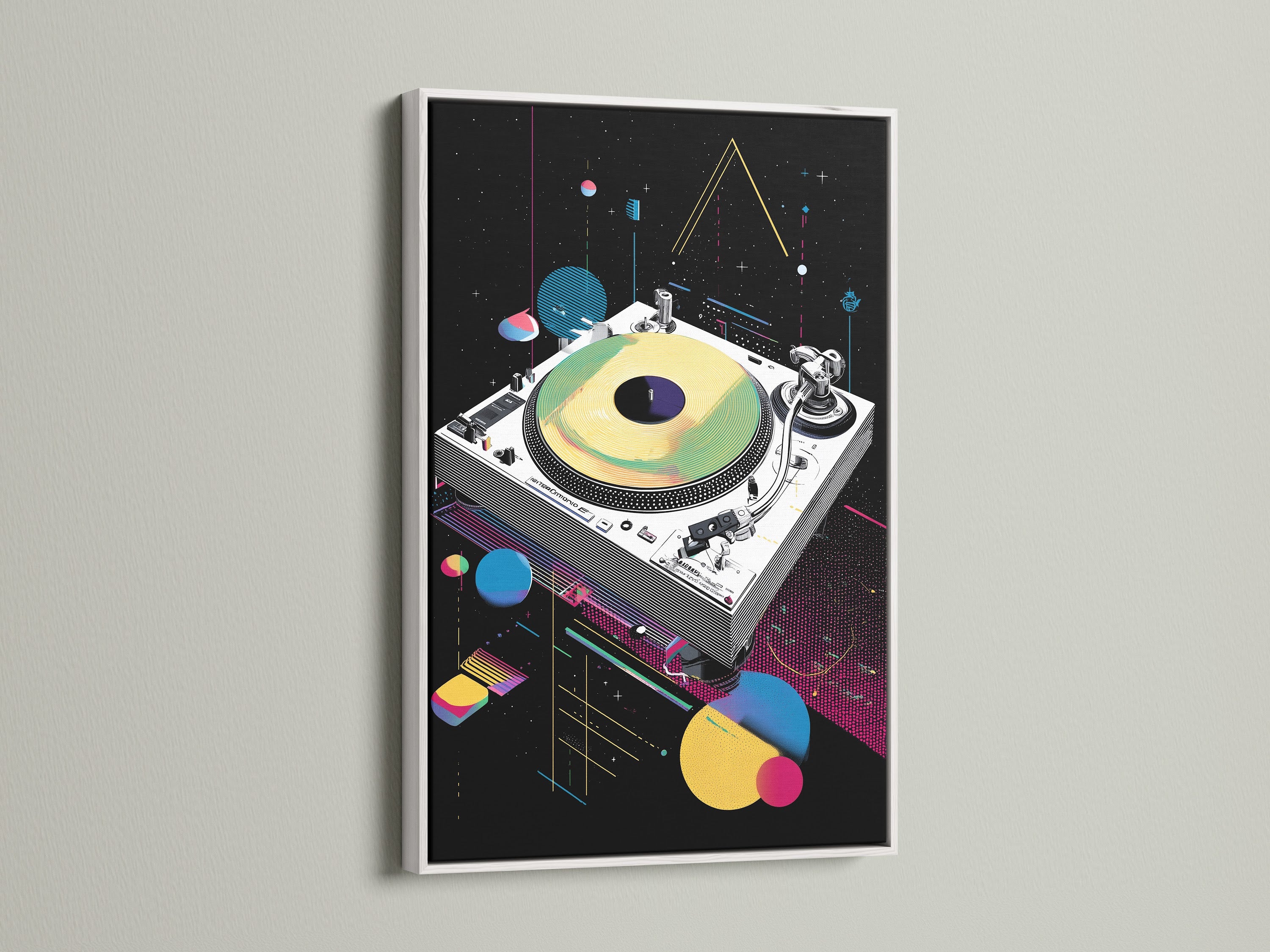 Retro turntable art in a white frame. This synthwave music wall art adds a cool vaporwave DJ decor element. It will stand out in a studio or office space. The primary color is black and the secondary color is yellow.