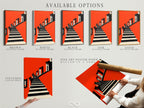 Available options for the Architectural Stairs Print include a stretched canvas print fine art poster paper and a floating frame. Choose the perfect format to suit your style. The bold orange modern wall art is a must-have. Enhance your home decor with this geometric building canvas.