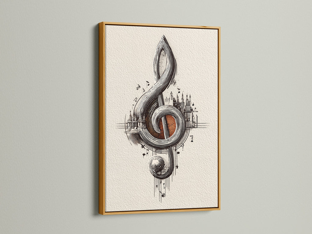 Treble clef musical note poster in a gold frame. The gold frame adds a touch of luxury to this music themed decor. This ornate art print is a perfect gift for musicians and music lovers. Elevate your music studio art with this piece.