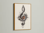 Treble clef musical note poster in a gold frame. The gold frame adds a touch of luxury to this music themed decor. This ornate art print is a perfect gift for musicians and music lovers. Elevate your music studio art with this piece.