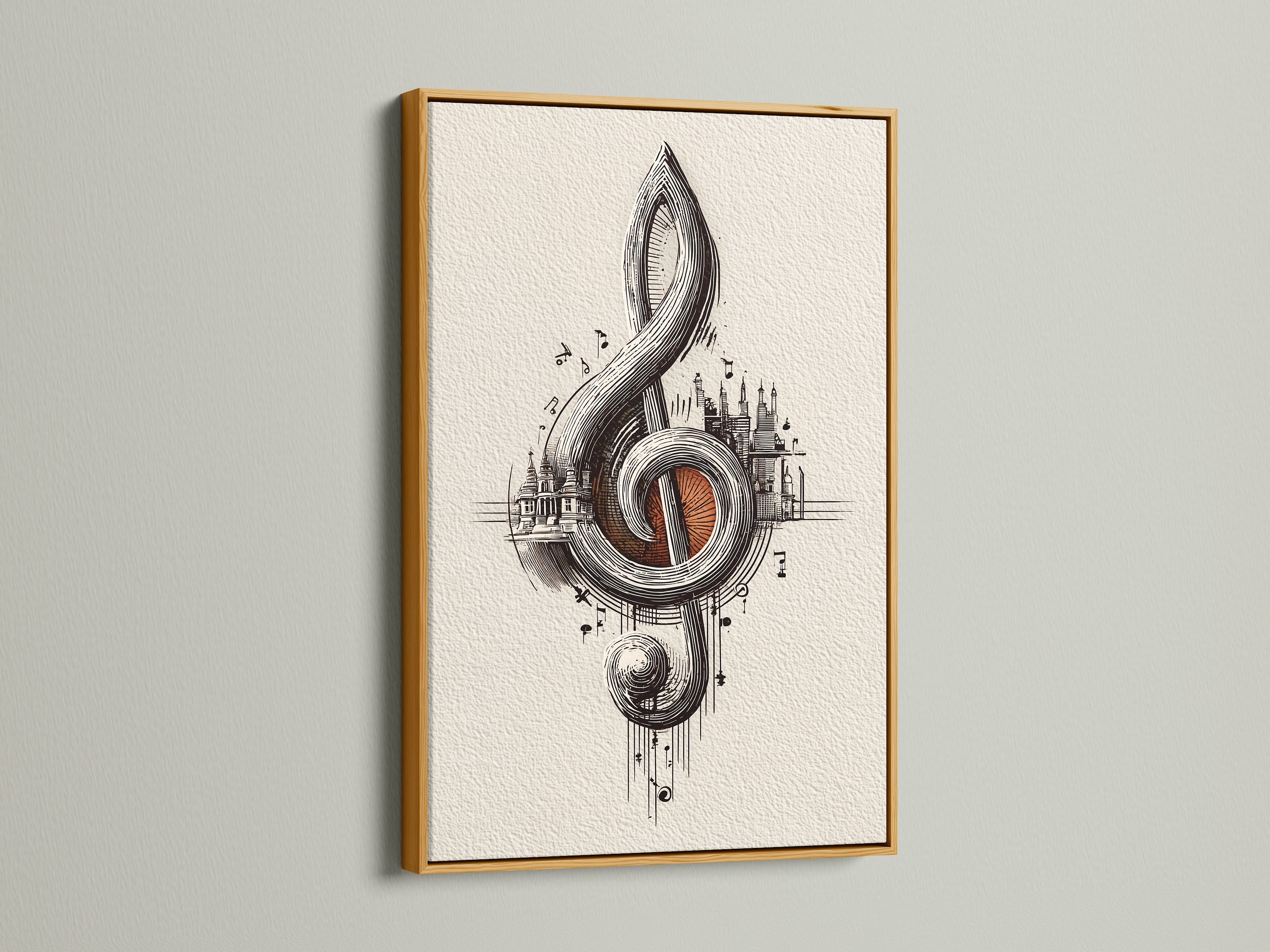 Treble clef musical note poster in a gold frame. The gold frame adds a touch of luxury to this music themed decor. This ornate art print is a perfect gift for musicians and music lovers. Elevate your music studio art with this piece.