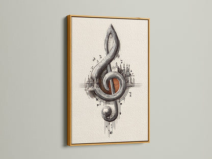 Treble clef musical note poster in a gold frame. The gold frame adds a touch of luxury to this music themed decor. This ornate art print is a perfect gift for musicians and music lovers. Elevate your music studio art with this piece.