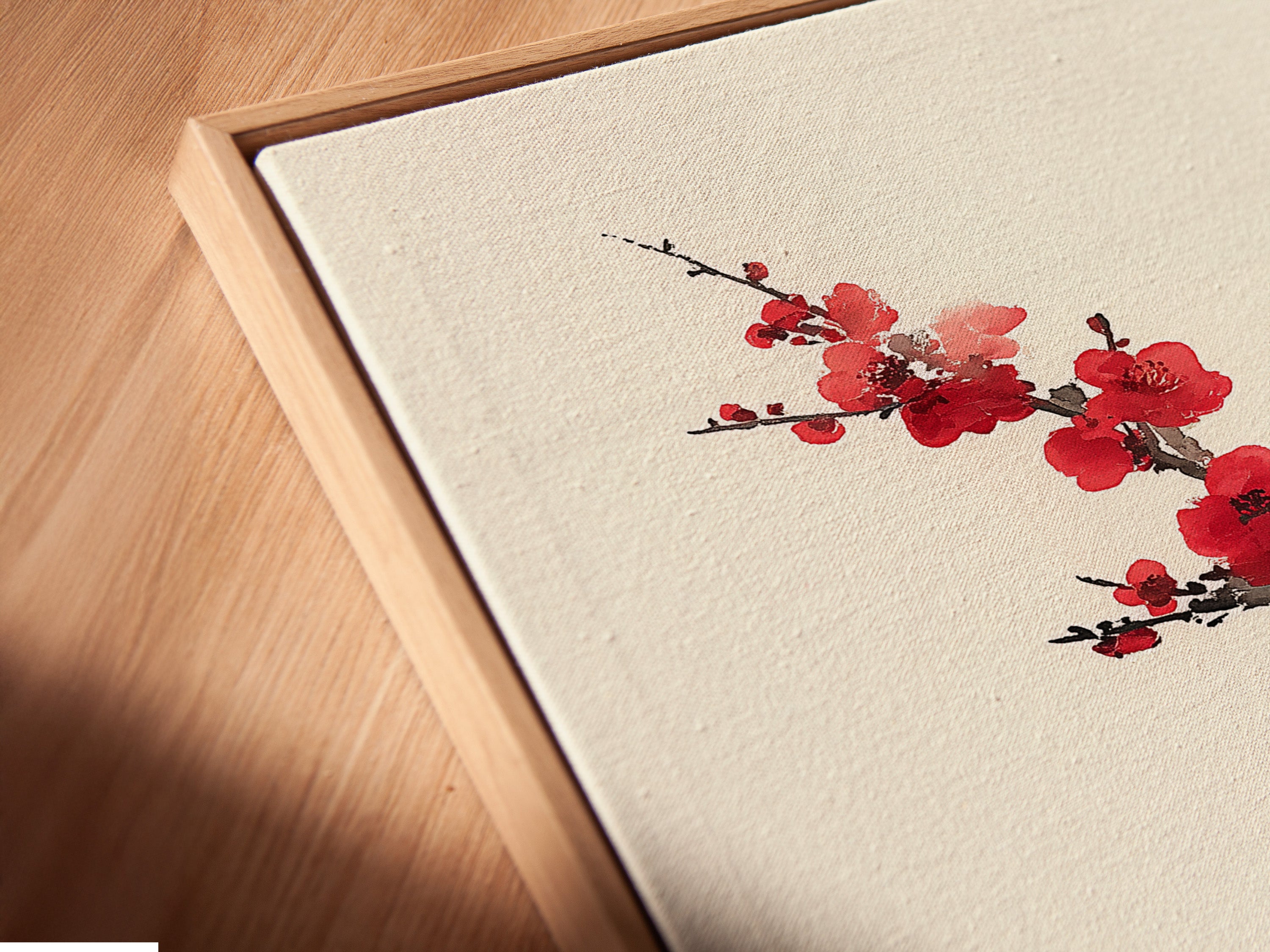 Close-up angled view of a canvas print in a floating frame. The canvas print is displayed beautifully. The floating frame adds a modern touch. It gives the art a clean and sophisticated look. Perfect for displaying your favorite artwork. Add depth to your walls.