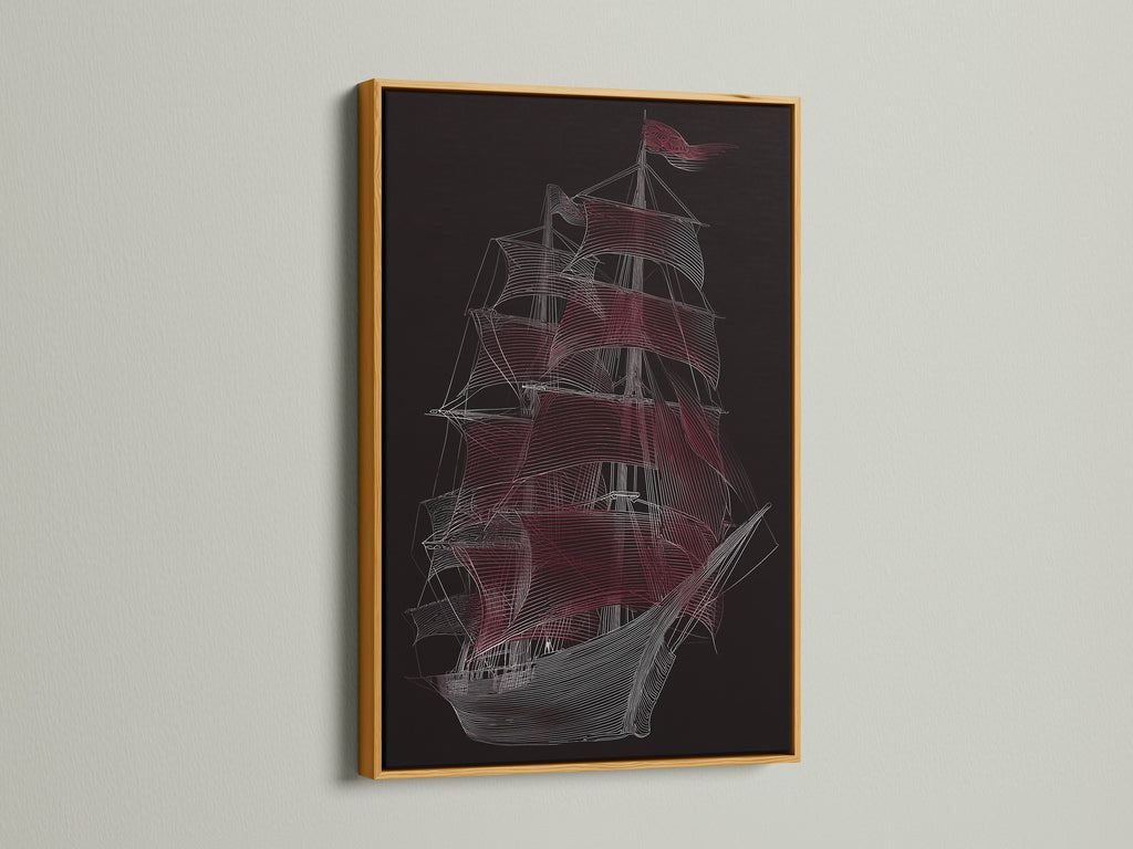 Sailing Ship Line Art in a Gold Frame. This nautical canvas showcases a vessel wall art print. It is perfect as coastal office art. The gold frame adds a touch of elegance to the artwork.