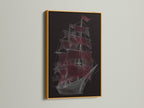 Sailing Ship Line Art in a Gold Frame. This nautical canvas showcases a vessel wall art print. It is perfect as coastal office art. The gold frame adds a touch of elegance to the artwork.
