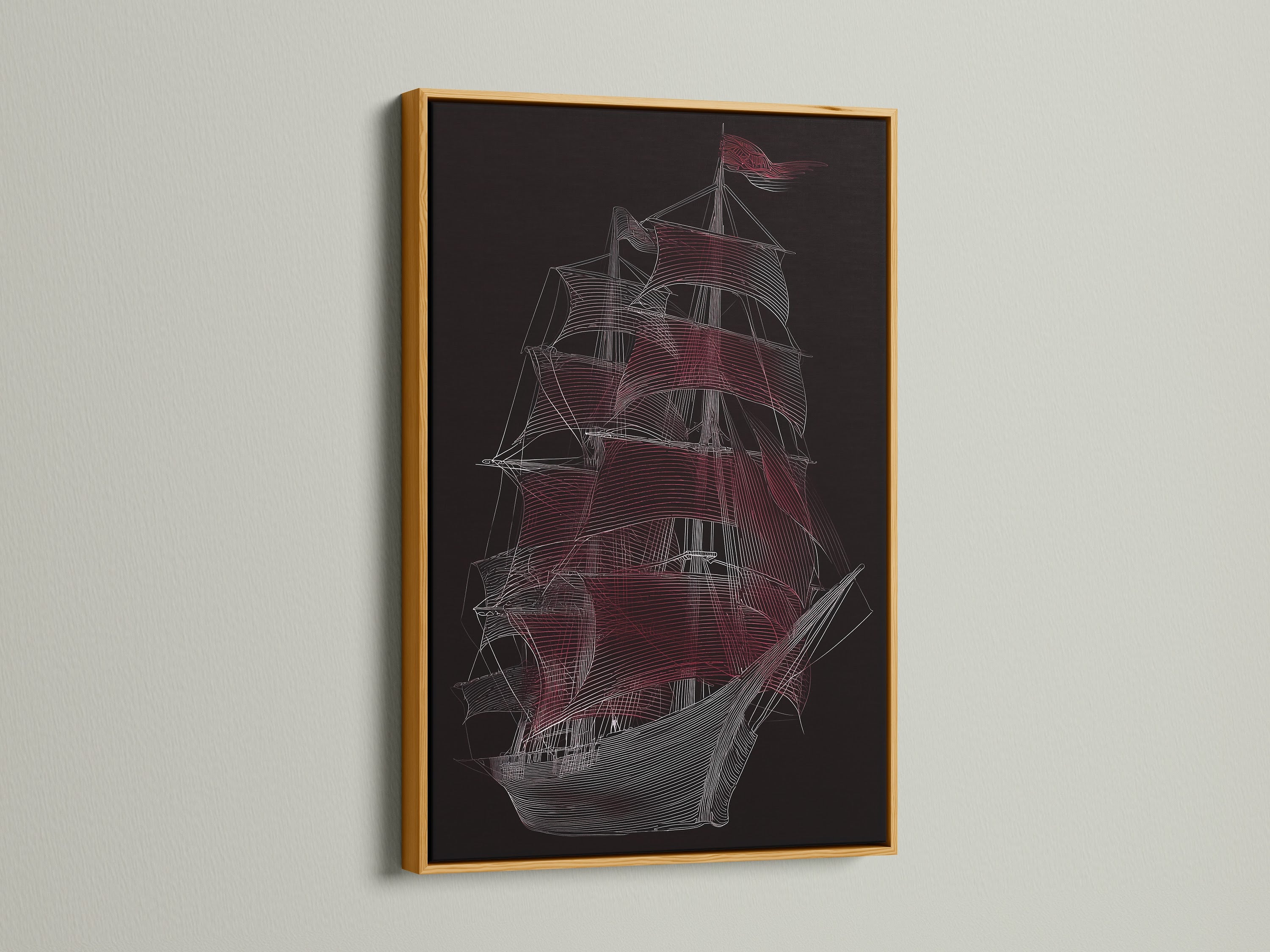 Sailing Ship Line Art in a Gold Frame. This nautical canvas showcases a vessel wall art print. It is perfect as coastal office art. The gold frame adds a touch of elegance to the artwork.