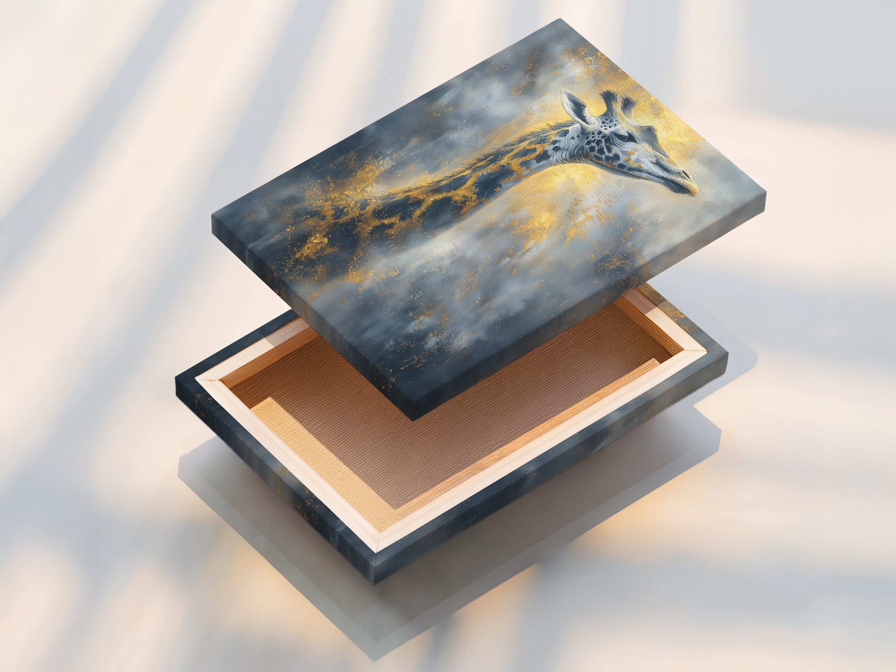 The stretched canvas print of the giraffe artwork is shown. The stretched canvas provides a ready-to-hang option. This wildlife art is gallery-wrapped for a professional look. A savanna print that transforms any room.