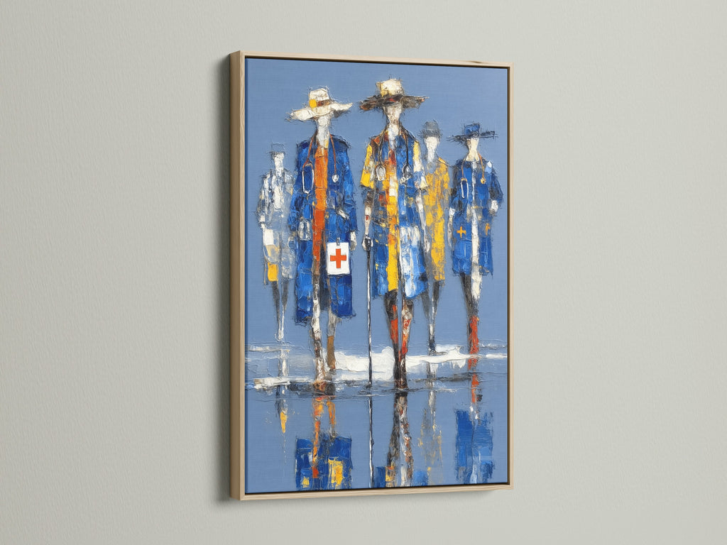 Oak frame elegantly displays medical heroes artwork. The healthcare art features abstract doctors. Blue and yellow hues bring a contemporary style. Ideal for healthcare decor.
