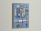 Oak frame elegantly displays medical heroes artwork. The healthcare art features abstract doctors. Blue and yellow hues bring a contemporary style. Ideal for healthcare decor.
