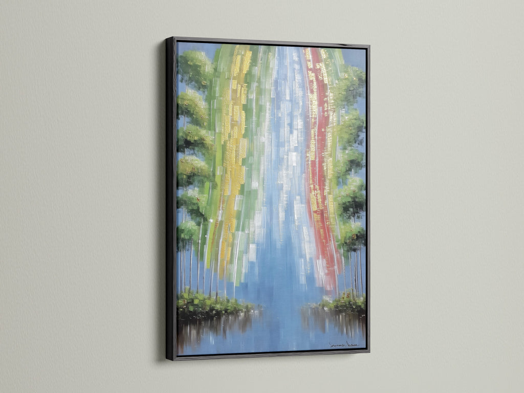 Abstract Waterfall artwork with a black frame. The abstract canvas art adds a modern touch to any room. This nature wall art is a colorful statement piece. A river print brings the outdoors inside. Ideal for minimalist styles.