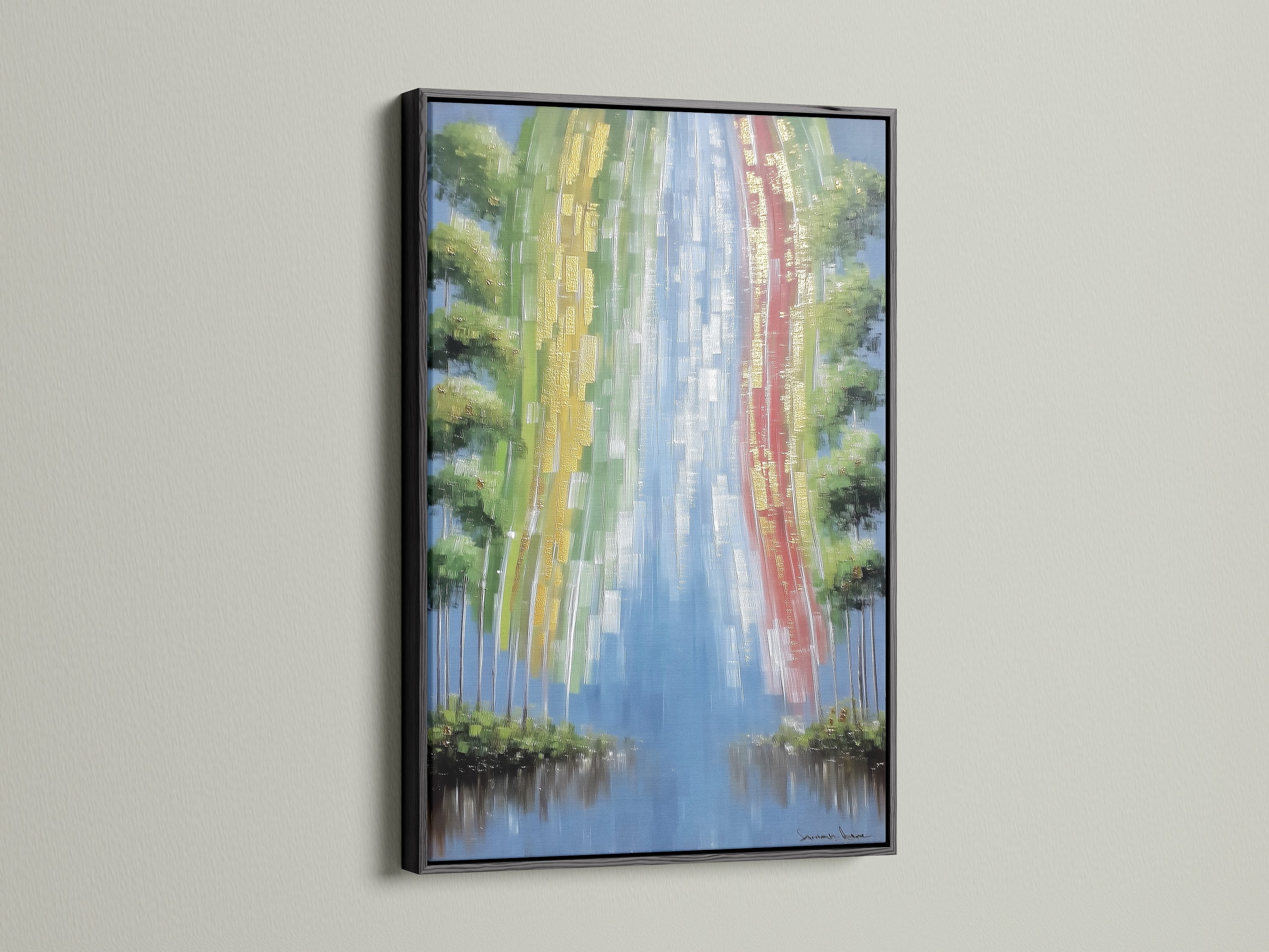 Abstract Waterfall artwork with a black frame. The abstract canvas art adds a modern touch to any room. This nature wall art is a colorful statement piece. A river print brings the outdoors inside. Ideal for minimalist styles.