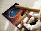 A woman is carefully rolling a fine art poster paper. The paper features a surreal landscape. The celestial sky artwork is ready for framing. Ideal for creating custom wall art for any space.
