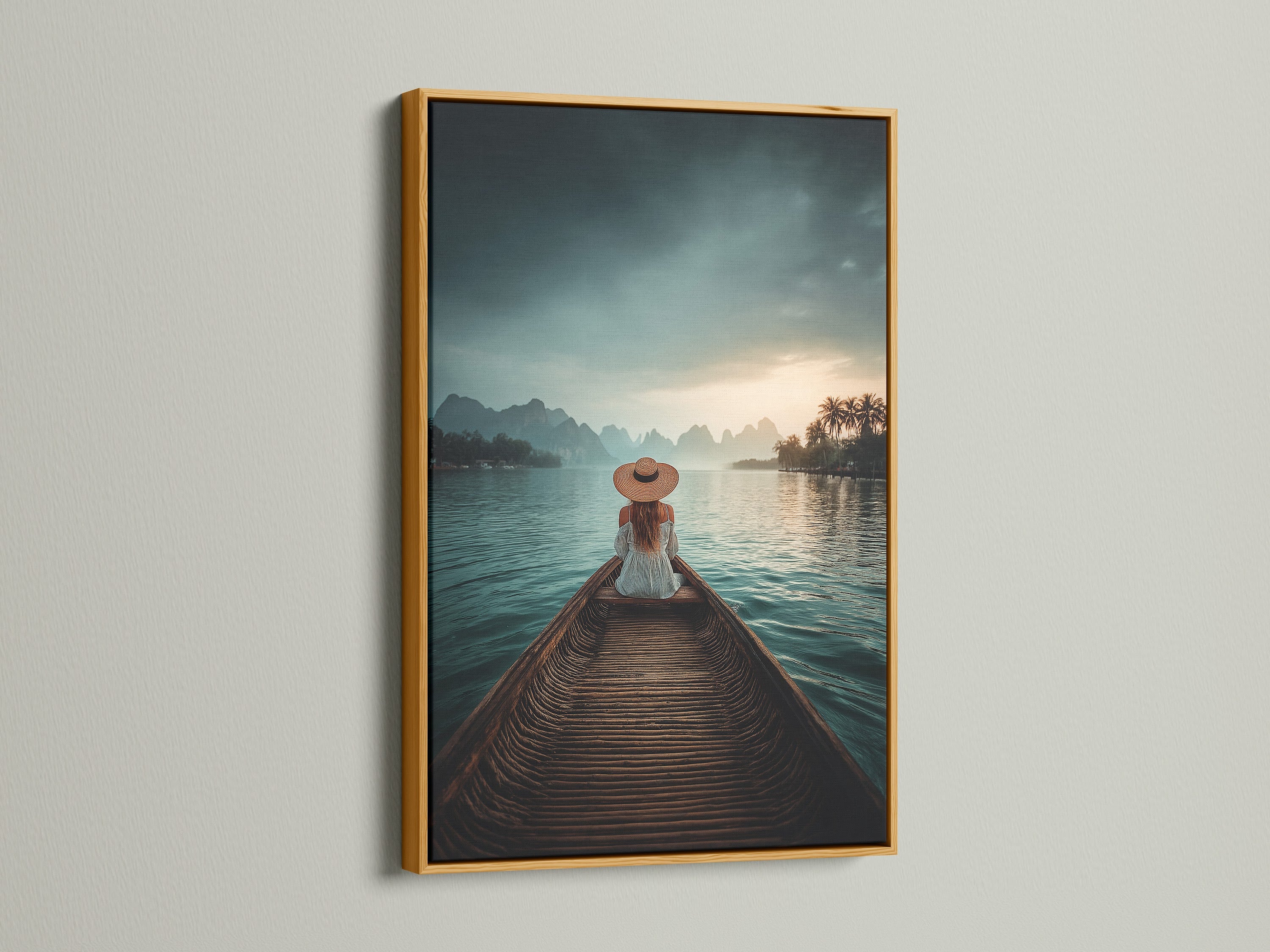 Serene Lake Boat Journey Wall Art - Woman in Straw Hat Mountain Landscape, Tranquil Water Scene, Peaceful Nature Photography Print