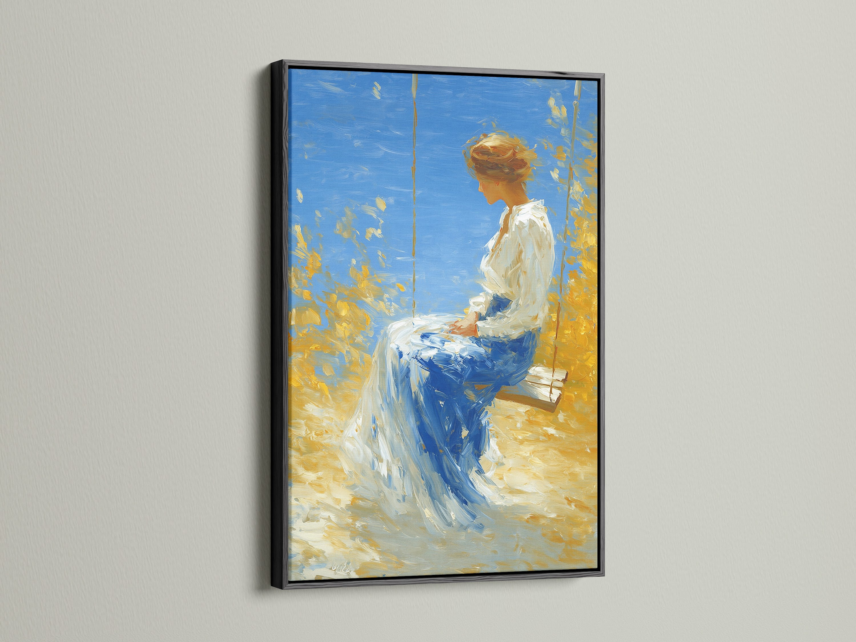 Artwork with a black frame is displayed. The black frame adds a bold and sophisticated touch. This frame enhances the art's contrast and depth. The black frame is a versatile choice for any artwork. See how black enhances art.