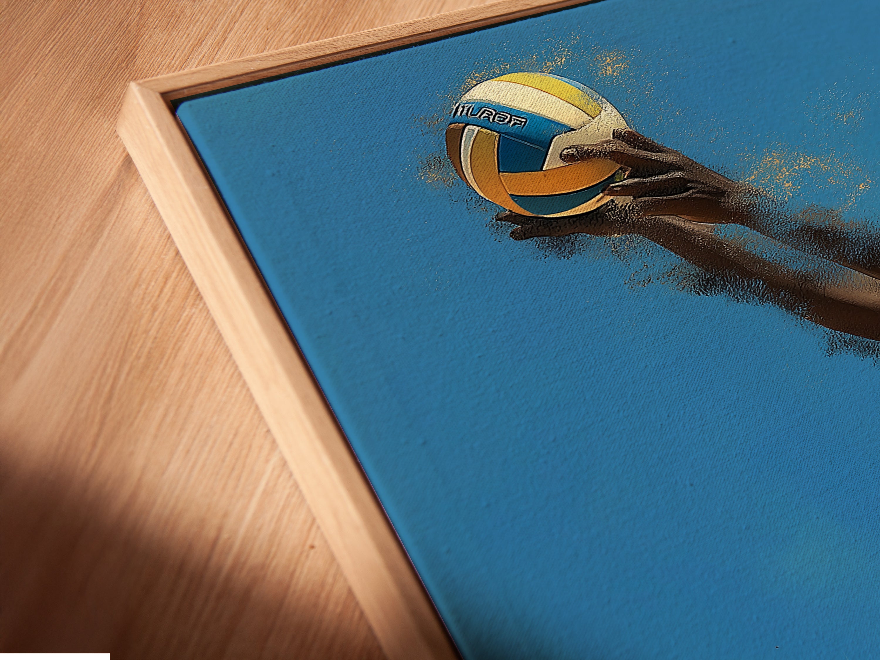 A close up of the Volleyball Player Canvas Print in a floating frame. The artwork appears to float within the frame. A modern and stylish way to display sports artwork. Perfect for bedroom wall decor.
