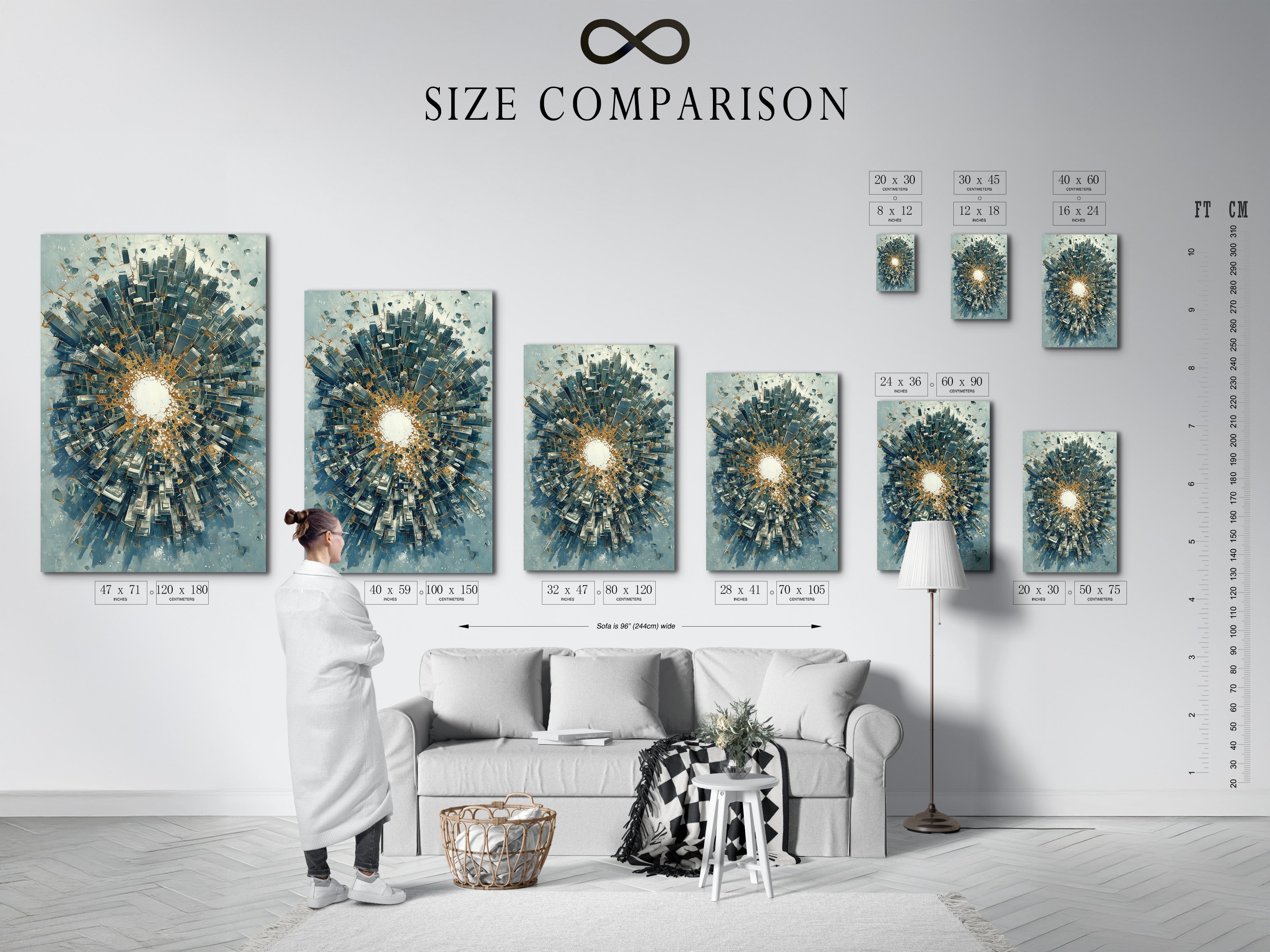 Size comparison chart in an interior setting showcasing the abstract cityscape artwork. See how the urban skyline tunnel art fits in various spaces. This modern blue and gold print is perfect for any room. Compare sizes to find the ideal fit for your wall decor needs.