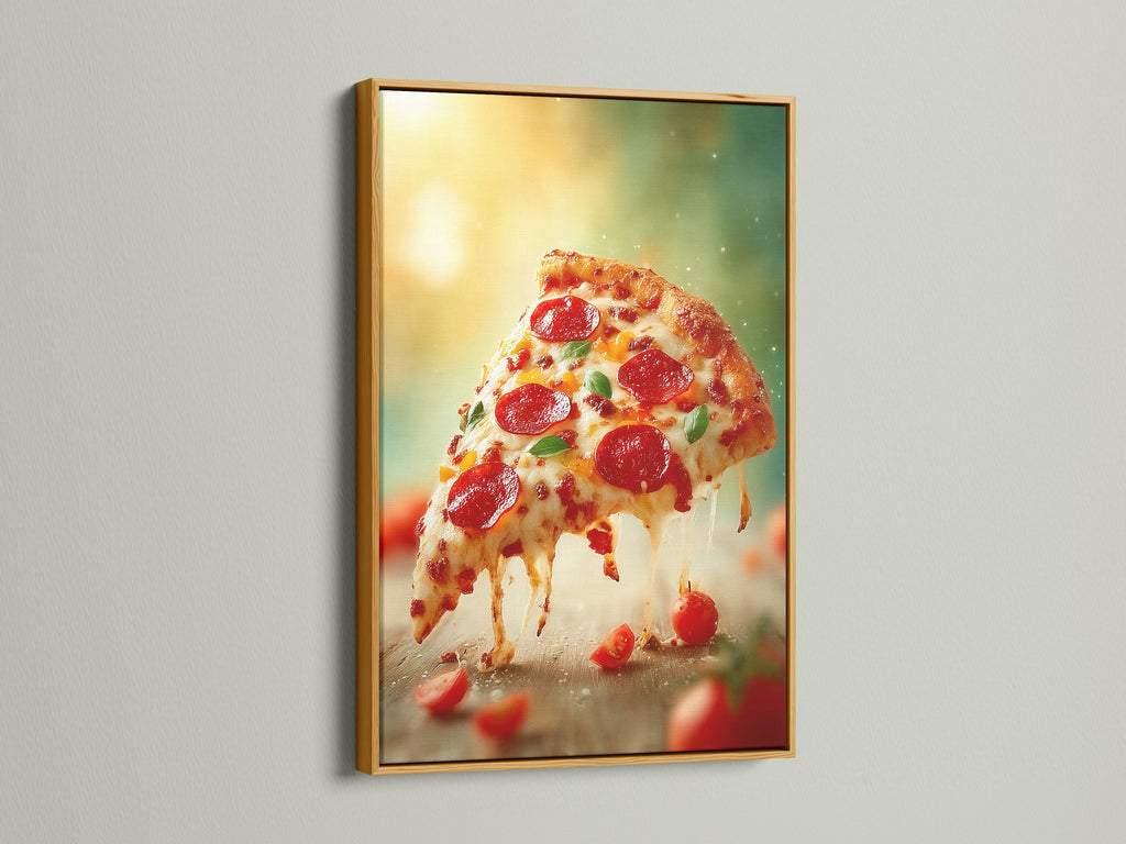 The pizza artwork print is displayed in an elegant gold frame. The gold frame enhances the richness of the food photography. This art piece is perfect for adding a luxurious feel to your dining space. Celebrate the art of Italian cuisine with this stunning framed print.