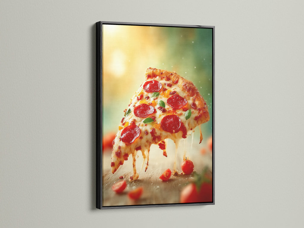 A striking pizza artwork print is presented in a classic black frame. The black frame adds a touch of sophistication to the piece. It makes the colors of the pizza photography even more vibrant. Ideal for a restaurant or modern kitchen. Add a culinary touch to your decor.