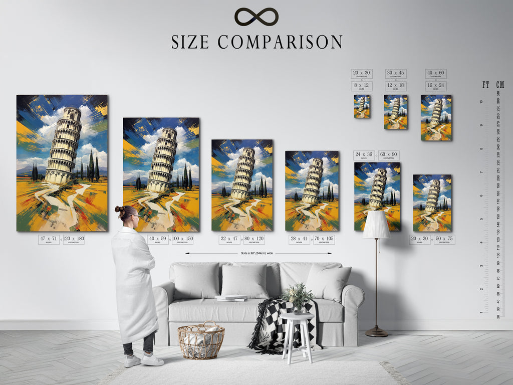 View a size comparison chart in an interior setting. This helps you visualize the artwork size in your room. See how the Leaning Tower Pisa artwork will look in your home or office. It is great for interior designers.