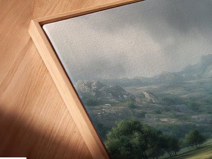 Angled close up reveals a canvas print in a floating frame. The artwork seems to hover within the frame. This creates a contemporary and eye-catching display. The texture of the canvas and the sleek frame adds depth. It enhances the artwork's visual appeal. A modern way to display art.