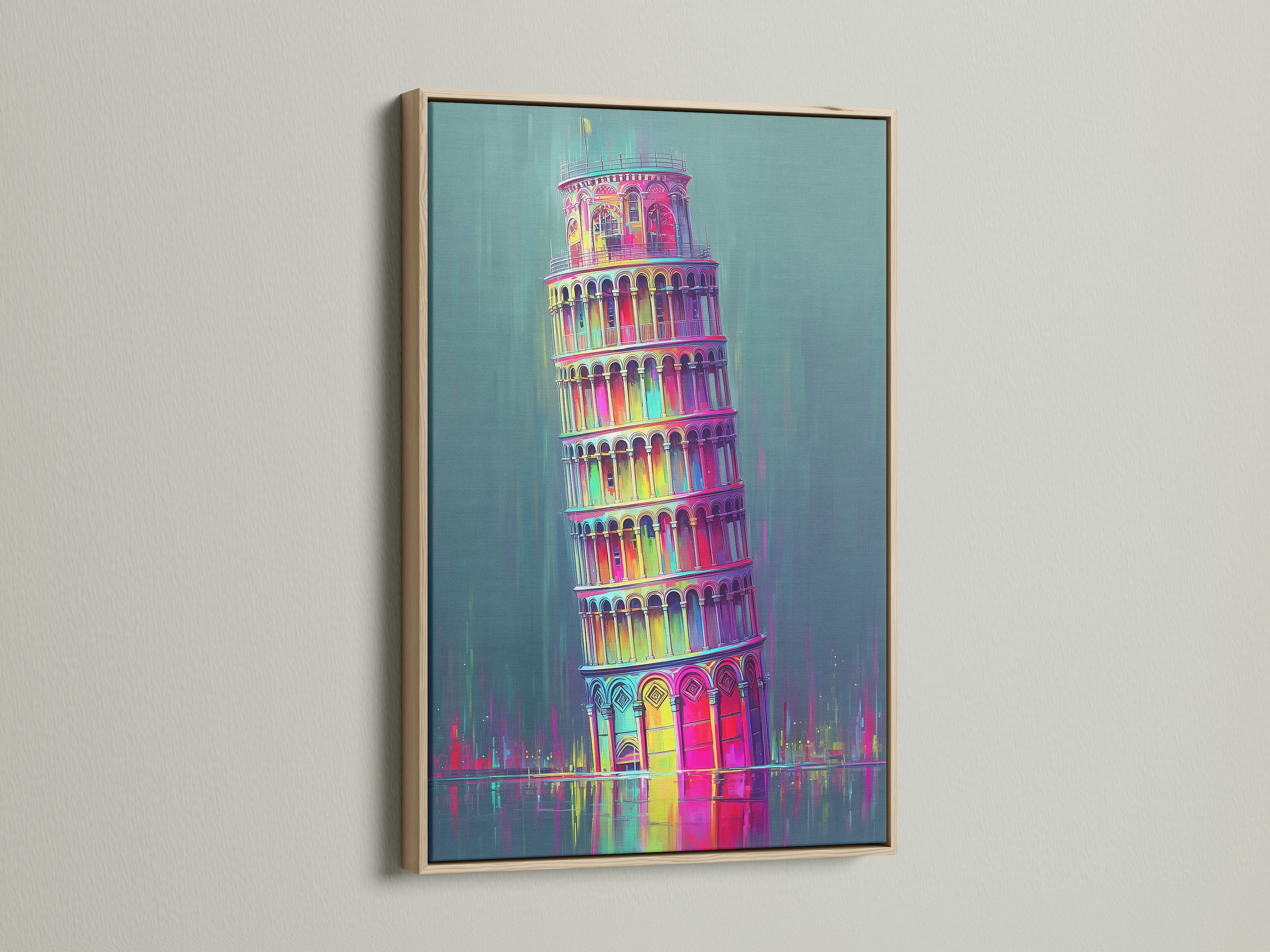 A close up shows the beauty of an oak frame. It surrounds the Leaning Tower of Pisa artwork. The natural wood grain enhances the colorful Italian art print. Consider this frame for your modern canvas art