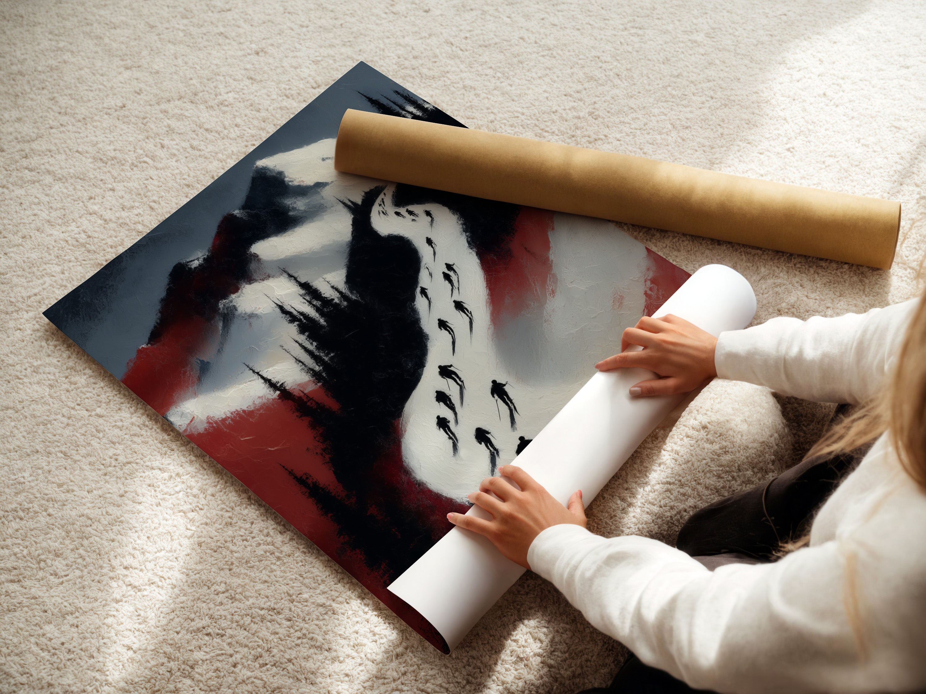 A woman carefully rolls a fine art poster paper. The focus is on the quality and care in handling the ski artwork. This ensures a pristine mountain sports art piece for your collection.