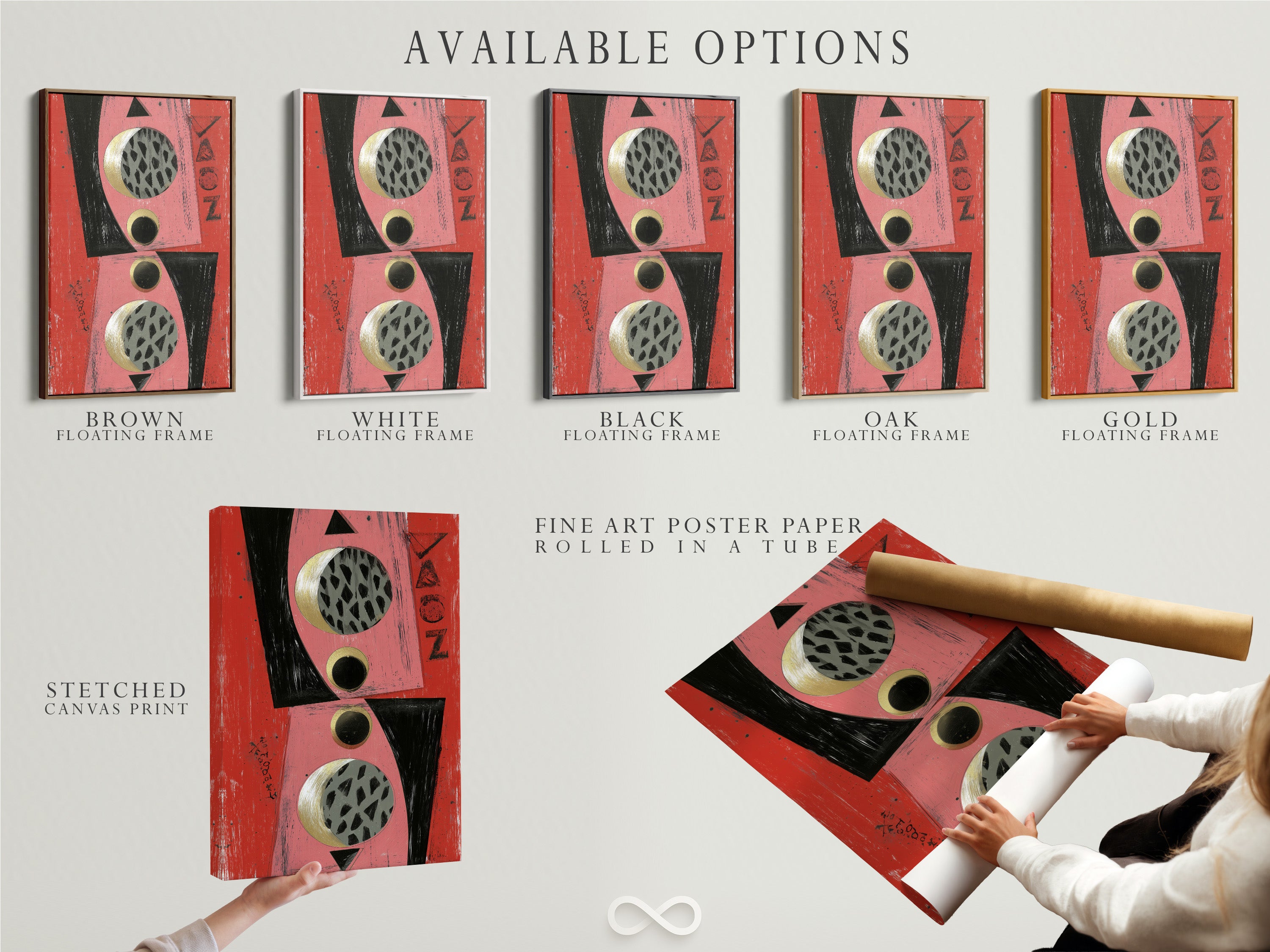 Available options are displayed including a stretched canvas print fine art poster paper and a floating frame. Choose the perfect format for your abstract geometric artwork. The artwork features pink coral black and gold colors. Ideal for modern canvas art lovers. Find the perfect piece for your home or office