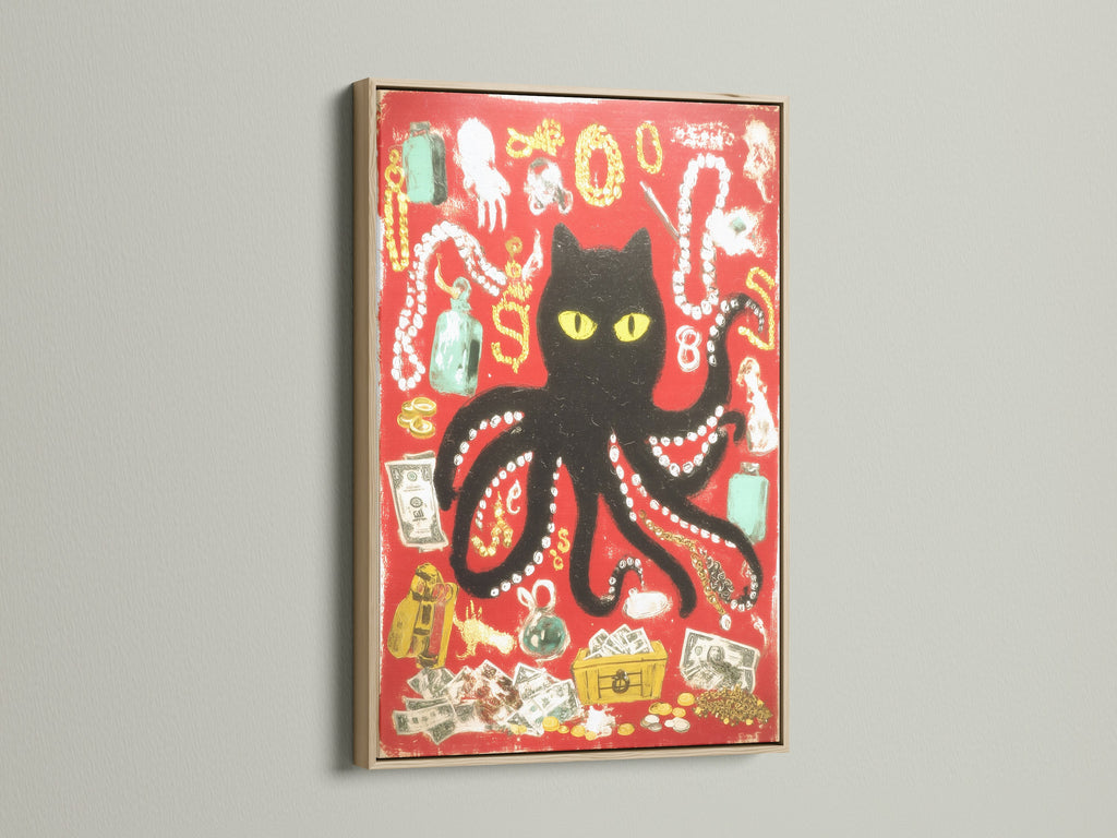 View the black cat octopus art in an oak frame. The red vintage collage print adds charm. It is ideal for eclectic maximalist and vintage styles. Discover oak framed art.
