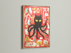 View the black cat octopus art in an oak frame. The red vintage collage print adds charm. It is ideal for eclectic maximalist and vintage styles. Discover oak framed art.