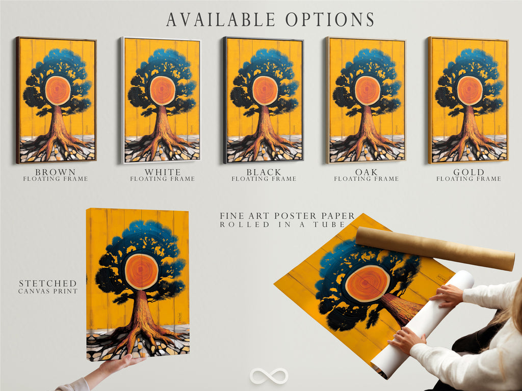 Available options for the Tree of Life artwork. Choose from a stretched canvas print a fine art poster paper or a floating frame. Customize your artwork to suit your style. Find the perfect option for your home or office decor.