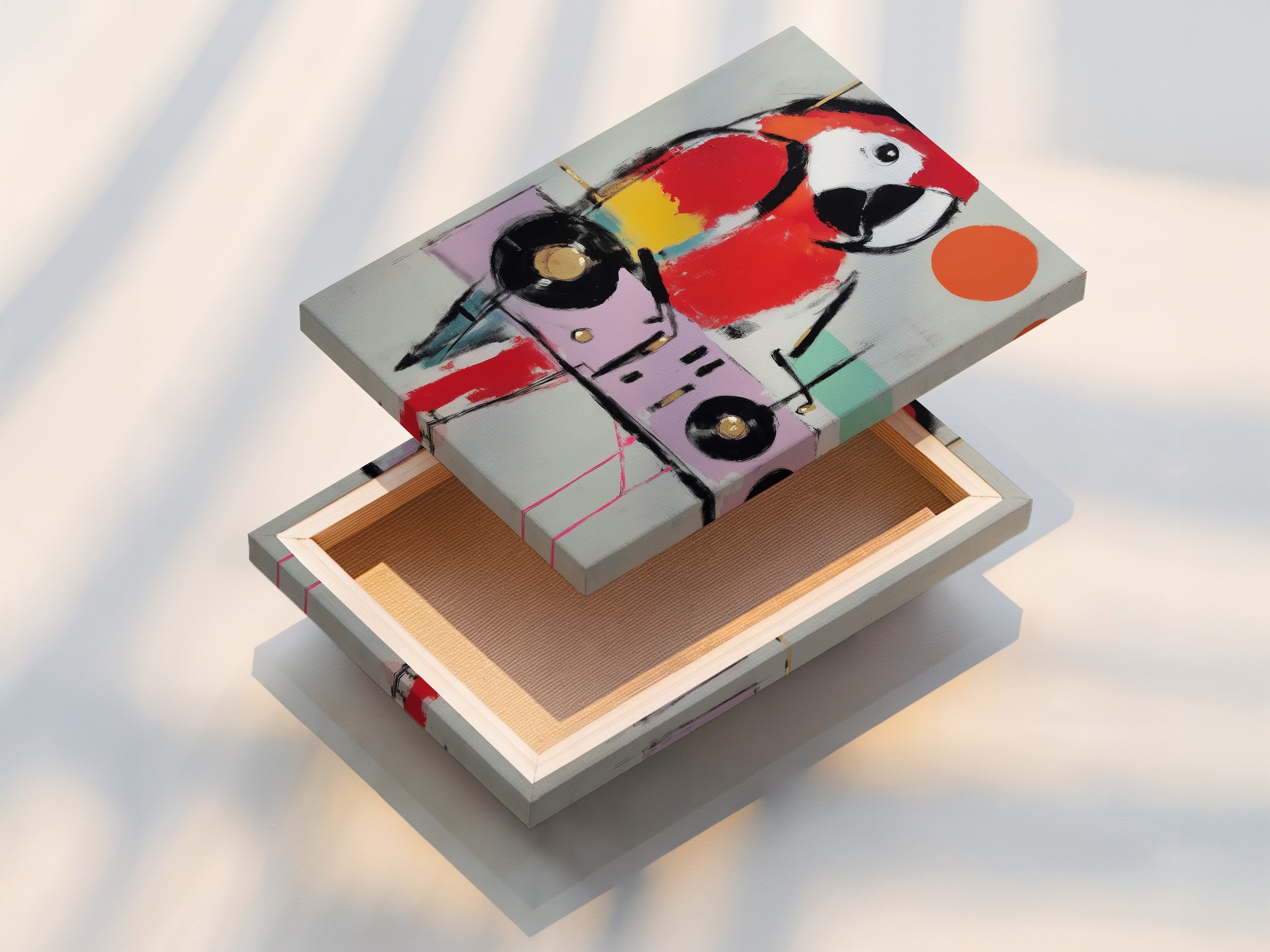 A stretched canvas print of the modern parrot artwork is ready to hang. The vibrant colors and abstract animal artwork make a statement. This bird canvas print is perfect for living room wall art. It's also great for office wall art. Elevate your space with this contemporary artwork.