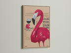 The pink flamingo wine art print is showcased in an oak frame. This artwork brings a touch of contemporary style. It's ideal for a kitchen dining room or wine bar. A fun and quirky piece.